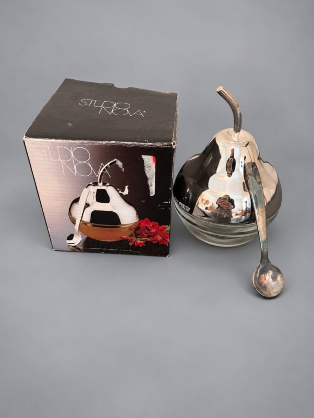 Studio Nova Silver Tone Pear Jam Jar Condiment Server Glass Bowl Spoon Boxed